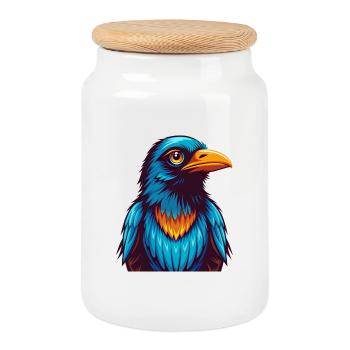 Crow Colorful Kawaii Cartoon Character Clipart - Cookie Jar with Wooden Lid - white - Front