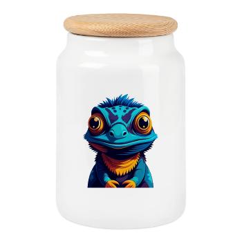 Caméléon coloré Kawaii personnage de dessin animé animal de compagnie - Boîte à biscuits avec couvercle en bois - blanc - Devant