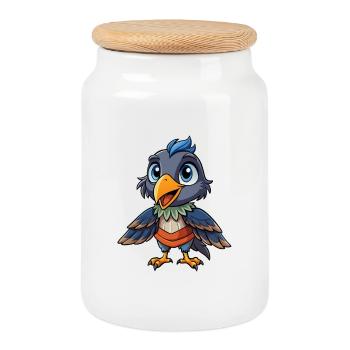 corbeau mignon personnage de dessin animé Kawaii Clipart - Boîte à biscuits avec couvercle en bois - blanc - Devant