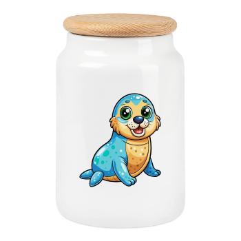 Seal Cute Cartoon Character Kawaii Clipart - Cookie Jar with Wooden Lid - white - Front