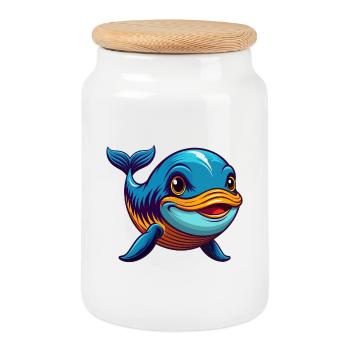 baleine bleue coloré Kawaii Dessin animé Personnage Animal de compagnie - Boîte à biscuits avec couvercle en bois - blanc - Devant