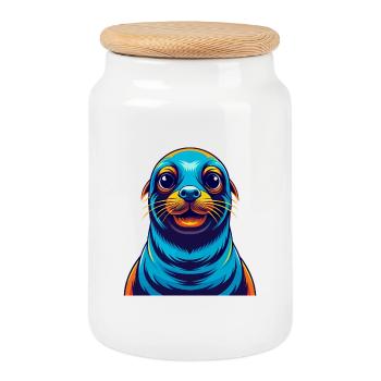 Seal Colorful Kawaii Cartoon Character Clipart - Cookie Jar with Wooden Lid - white - Front