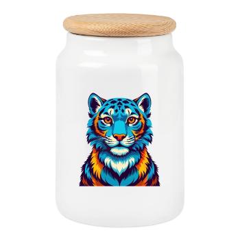 Snow Leopard Colorful Kawaii Cartoon Character Pet - Cookie Jar with Wooden Lid - white - Front