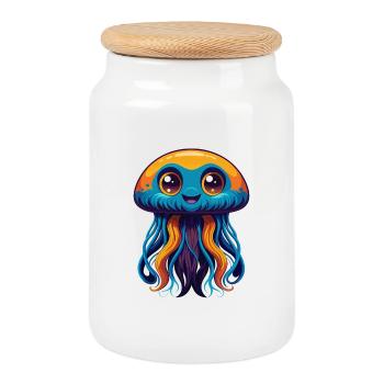 Méduse Coloré Kawaii Dessin Animé Personnage Animal de compagnie - Boîte à biscuits avec couvercle en bois - blanc - Devant