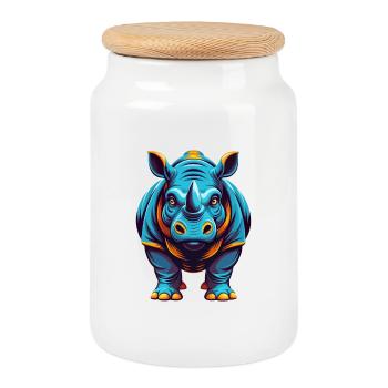 Rhino Colorful Kawaii Cartoon Character Clipart - Cookie Jar with Wooden Lid - white - Front