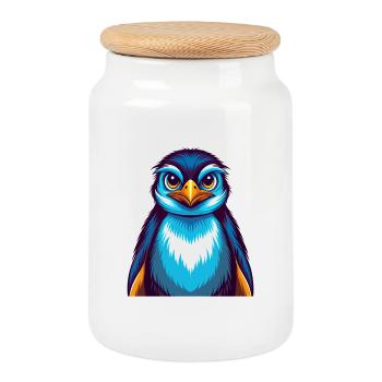 Pingouin coloré Kawaii Dessin animé Personnage Clipart - Boîte à biscuits avec couvercle en bois - blanc - Devant