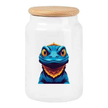 lézard coloré kawaii dessin animé personnage clipart - Boîte à biscuits avec couvercle en bois - blanc - Devant