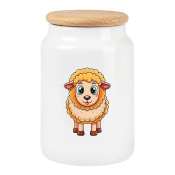 Sheep Cute Cartoon Character Kawaii Clipart - Cookie Jar with Wooden Lid - white - Front