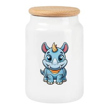 Rhino Cute Cartoon Character Kawaii Clipart - Cookie Jar with Wooden Lid - white - Front