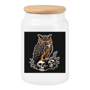 Owl sitting on sculls - Cookie Jar with Wooden Lid - white - Front