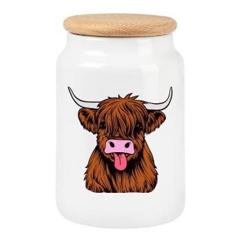 Highland bull - Cookie Jar with Wooden Lid - white - Front
