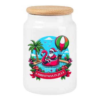 Fêtez Noël en juillet avec le Père Noël et le flamant rose ! - Boîte à biscuits avec couvercle en bois - blanc - Devant