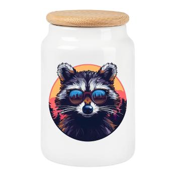 Waschbär Sonnen brille Bunt - Tier Motiv Kunst W - Keksdose mit Holzdeckel - Weiß - Vorne