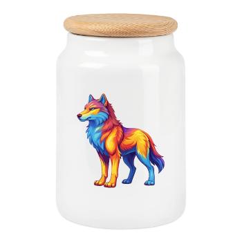 Arctic Wolf Colorful Kawaii Cartoon Character - Cookie Jar with Wooden Lid - white - Front