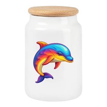 dauphin coloré kawaii dessin animé personnage clipart - Boîte à biscuits avec couvercle en bois - blanc - Devant