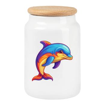 dauphin coloré kawaii dessin animé personnage clipart - Boîte à biscuits avec couvercle en bois - blanc - Devant