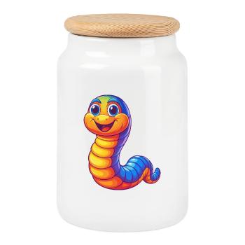 Ver de terre coloré Kawaii dessin animé Personnage Animal - Boîte à biscuits avec couvercle en bois - blanc - Devant