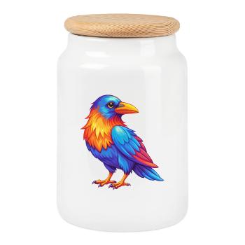 Crow Colorful Kawaii Cartoon Character Clipart - Cookie Jar with Wooden Lid - white - Front