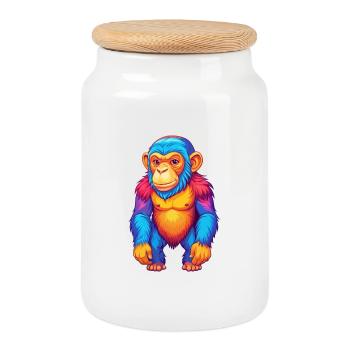 Schimpanse Bunte Kawaii Zeichentrickfigur - Keksdose mit Holzdeckel - Weiß - Vorne