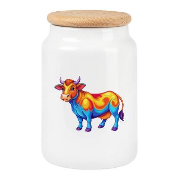 vache coloré kawaii dessin animé personnage clipart - Boîte à biscuits avec couvercle en bois - blanc - Devant