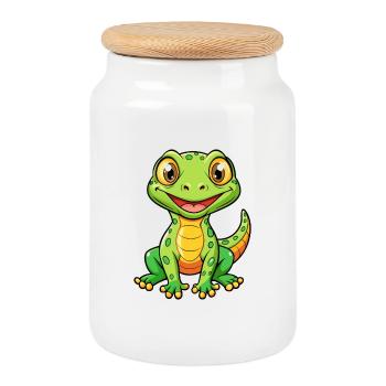 lézard mignon personnage de dessin animé Kawaii Clipart - Boîte à biscuits avec couvercle en bois - blanc - Devant