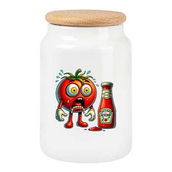 Lustiges Tomaten und Ketchup Design - Keksdose mit Holzdeckel - Weiß - Vorne