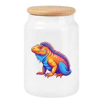 Iguana Colorful Kawaii Cartoon Character Clipart - Cookie Jar with Wooden Lid - white - Front