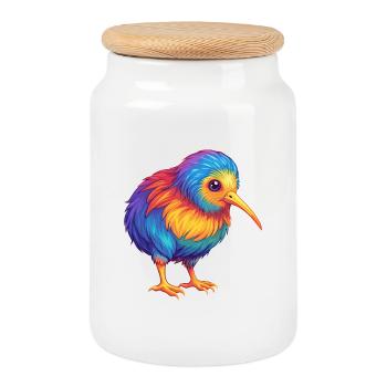 Kiwi oiseau coloré Kawaii dessin animé personnage Animal - Boîte à biscuits avec couvercle en bois - blanc - Devant