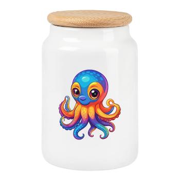 pieuvre coloré kawaii dessin animé personnage clipart - Boîte à biscuits avec couvercle en bois - blanc - Devant