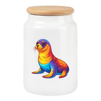 Seal Colorful Kawaii Cartoon Character Clipart - Cookie Jar with Wooden Lid - white - Front