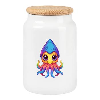 Tintenfisch Bunte Kawaii Cartoon Figur Clipart - Keksdose mit Holzdeckel - Weiß - Vorne