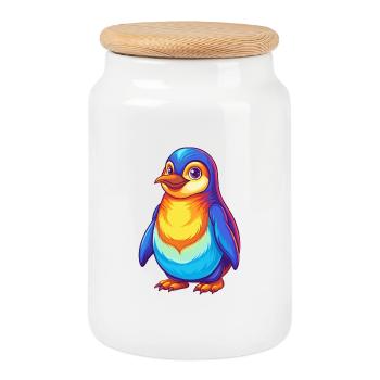 Pingouin coloré Kawaii Dessin animé Personnage Clipart - Boîte à biscuits avec couvercle en bois - blanc - Devant