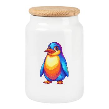 Pingouin coloré Kawaii Dessin animé Personnage Clipart - Boîte à biscuits avec couvercle en bois - blanc - Devant