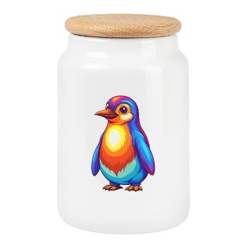 Pingouin coloré Kawaii Dessin animé Personnage Clipart - Boîte à biscuits avec couvercle en bois - blanc - Devant