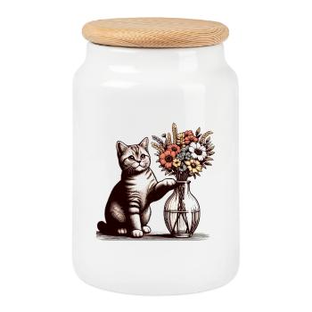BKH Britisch Kurzhaar Katze Vase umkippen Geschenk - Keksdose mit Holzdeckel - Weiß - Vorne