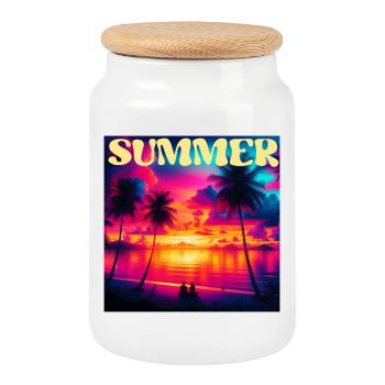 Summer Palm Tree Sunset Retro - Cookie Jar with Wooden Lid - white - Front