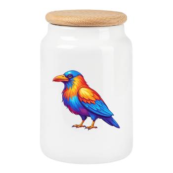 Crow Colorful Kawaii Cartoon Character Bird - Cookie Jar with Wooden Lid - white - Front