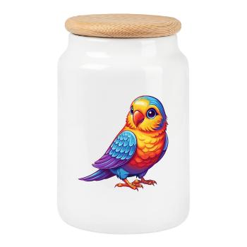 Parakeet Colorful Kawaii Cartoon Character Bird - Cookie Jar with Wooden Lid - white - Front