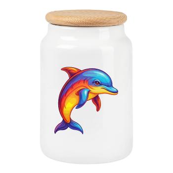 dauphin coloré kawaii dessin animé animal marin - Boîte à biscuits avec couvercle en bois - blanc - Devant