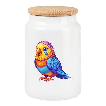 Perruche perruche coloré Kawaii dessin animé Personnage oiseau - Boîte à biscuits avec couvercle en bois - blanc - Devant