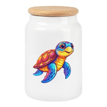 Sea Turtle Colorful Kawaii Cartoon Sea Animal - Cookie Jar with Wooden Lid - white - Front