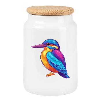 Kingfisher Colorful Kawaii Cartoon Character Bird - Cookie Jar with Wooden Lid - white - Front