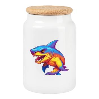 Gobelin requin coloré Kawaii dessin animé animal marin - Boîte à biscuits avec couvercle en bois - blanc - Devant