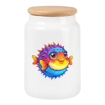 Porcupine Pufferfish Colorful Kawaii Cartoon - Cookie Jar with Wooden Lid - white - Front
