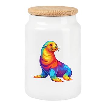 Lion de mer Kawaii coloré dessin animé Animal marin - Boîte à biscuits avec couvercle en bois - blanc - Devant