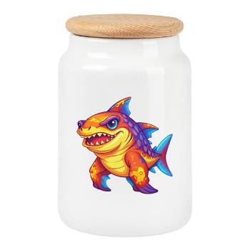 Wobbegong requin coloré Kawaii dessin animé animal marin - Boîte à biscuits avec couvercle en bois - blanc - Devant