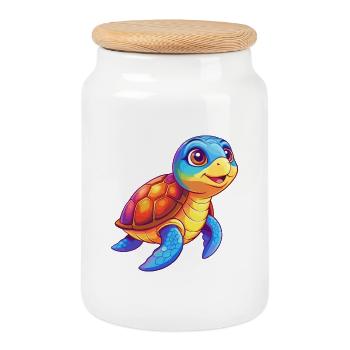 Green Sea Turtle Colorful Kawaii Cartoon Clipart - Cookie Jar with Wooden Lid - white - Front