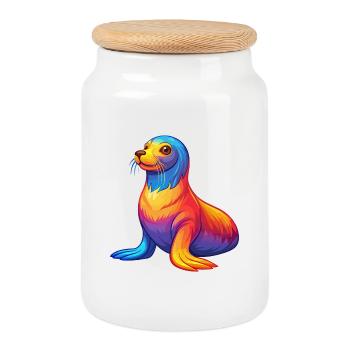 Lion de mer Kawaii coloré dessin animé Animal marin - Boîte à biscuits avec couvercle en bois - blanc - Devant