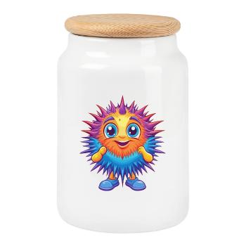 Sea Urchin Colorful Kawaii Cartoon Sea Animal - Cookie Jar with Wooden Lid - white - Front