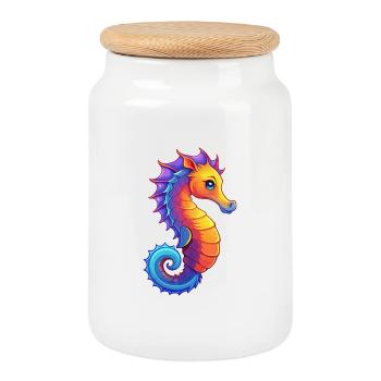 Sea Horse Colorful Kawaii Cartoon Sea Animal - Cookie Jar with Wooden Lid - white - Front